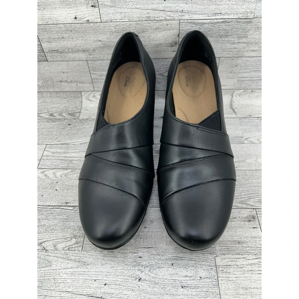 Clarks Collection Women Black Leather Slip On Block Heel Shoes Size‎ 9.5M